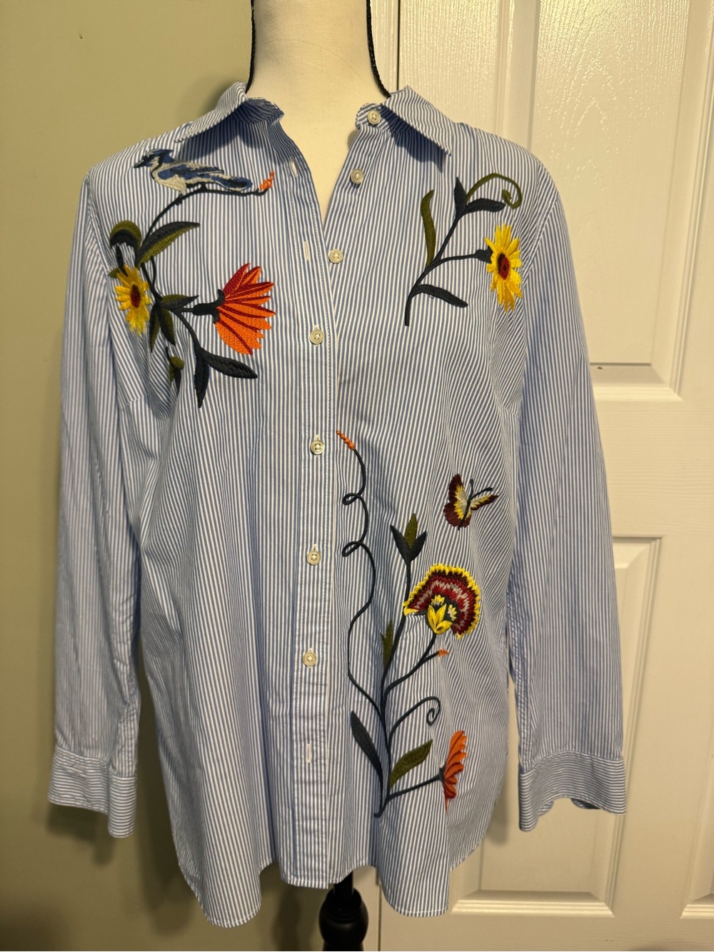 Talbots Blue and White Striped Button-Down Shirt with Floral Embroidery